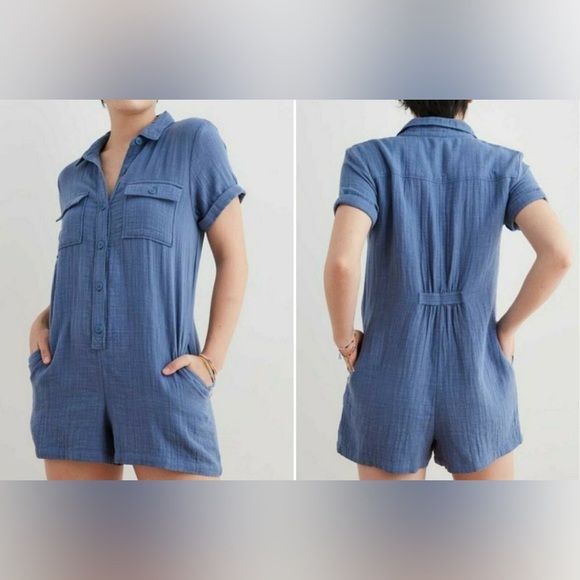 NWT Aerie Collared Softest Utility Relaxed Romper Army Green Gauzy Cotton Sz XXS - Picture 2 of 12